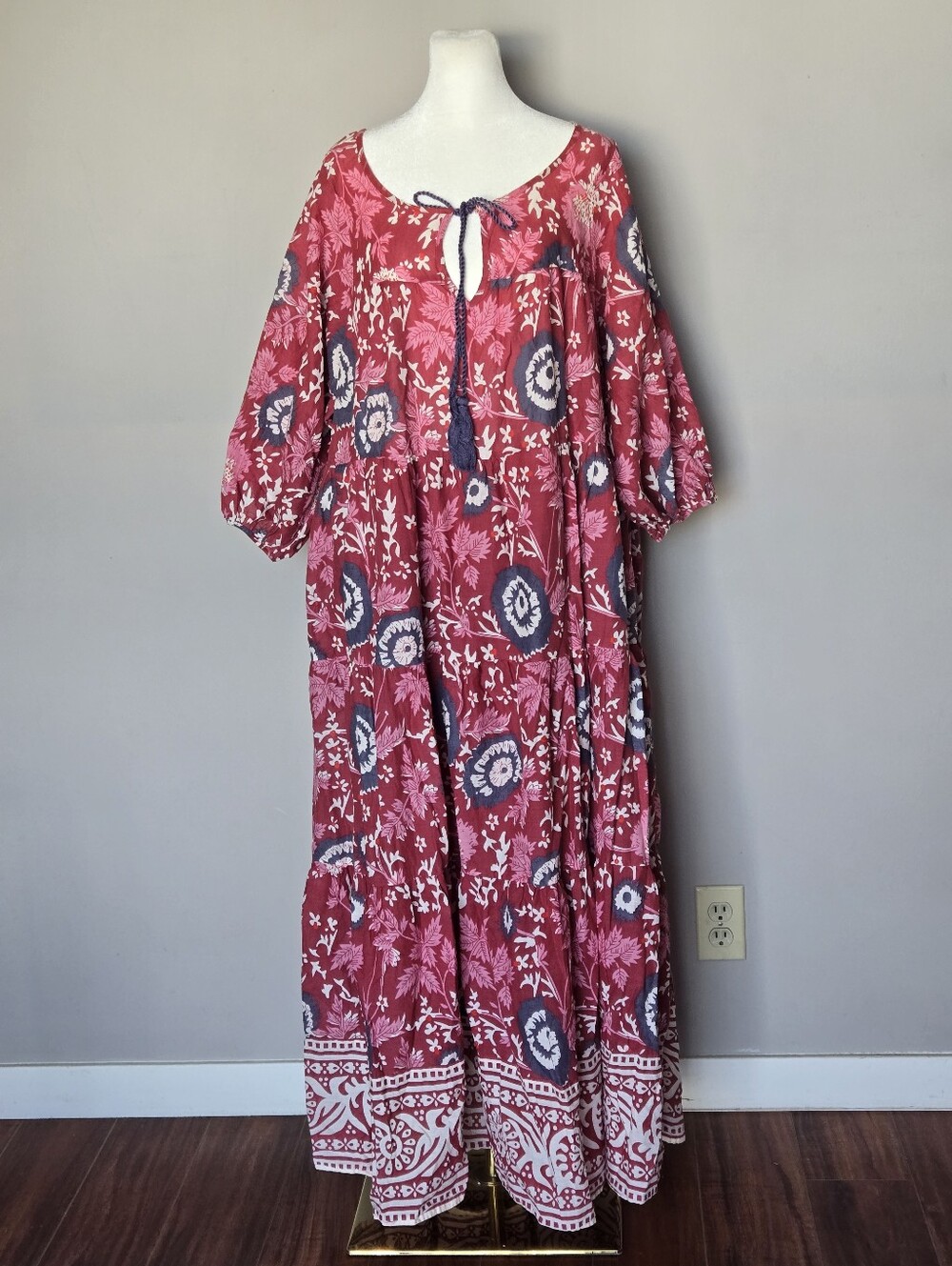 Natural Life Bohemian Tiered Cottagecore Red Floral Maxi Dress Tassel Tie XL